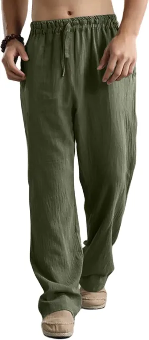 Mens Casual Linen Pants, Lightweight Loose Straight-Legs Trousers Leisure Elastic Waist Sports Beach Yoga Long Pants