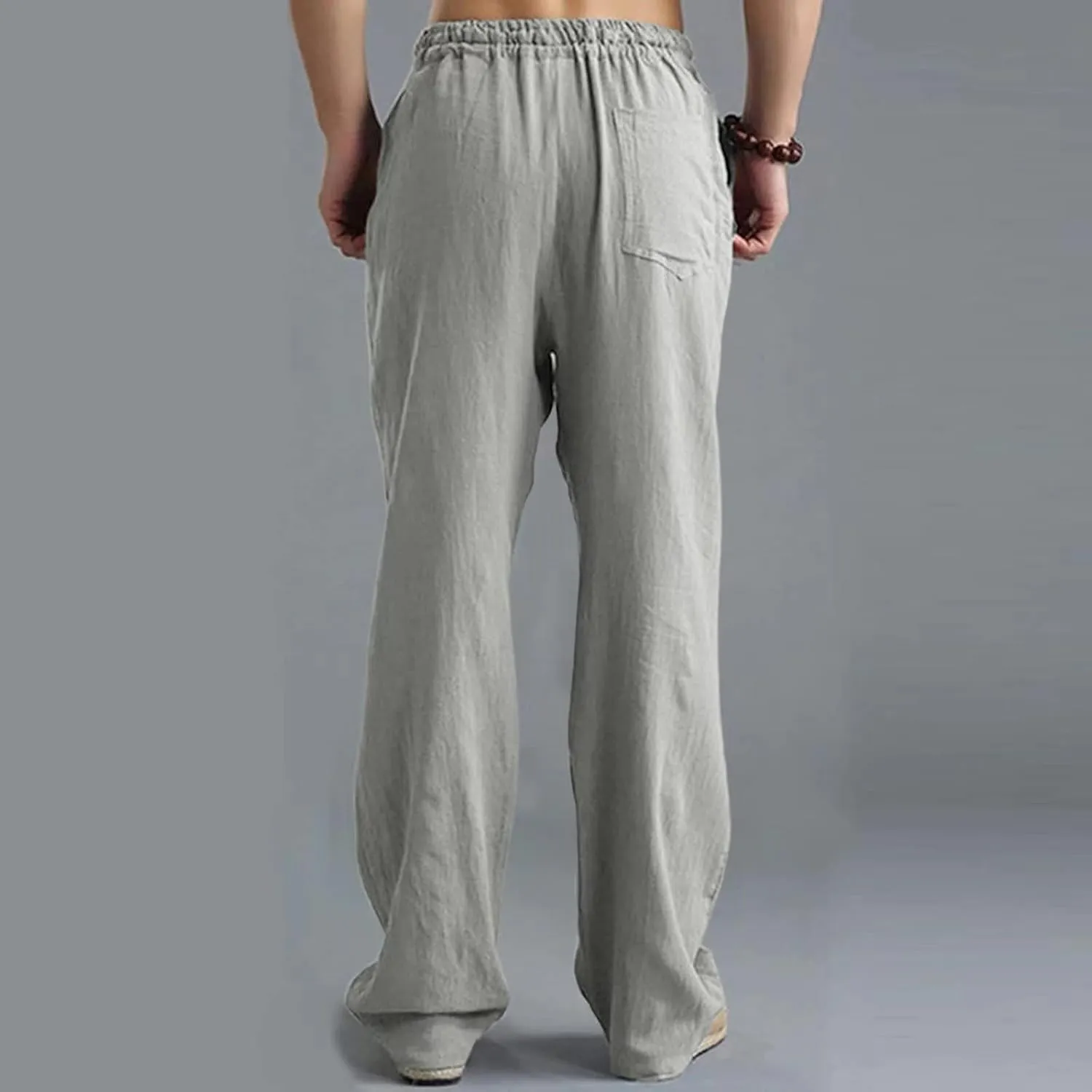 Mens Casual Linen Pants, Lightweight Loose Straight-Legs Trousers Leisure Elastic Waist Sports Beach Yoga Long Pants