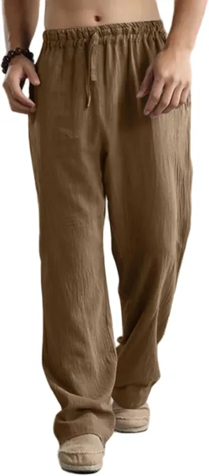 Mens Casual Linen Pants, Lightweight Loose Straight-Legs Trousers Leisure Elastic Waist Sports Beach Yoga Long Pants