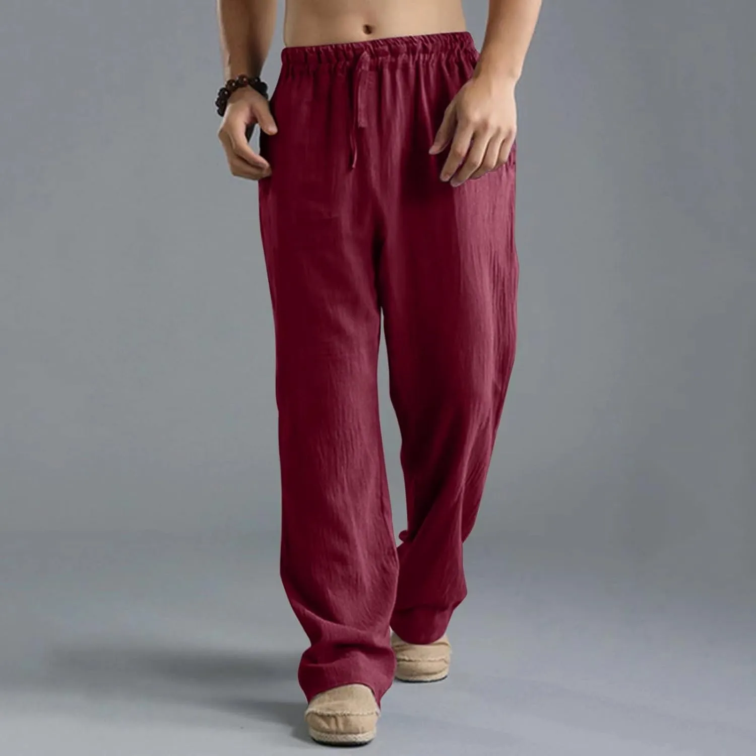 Mens Casual Linen Pants, Lightweight Loose Straight-Legs Trousers Leisure Elastic Waist Sports Beach Yoga Long Pants