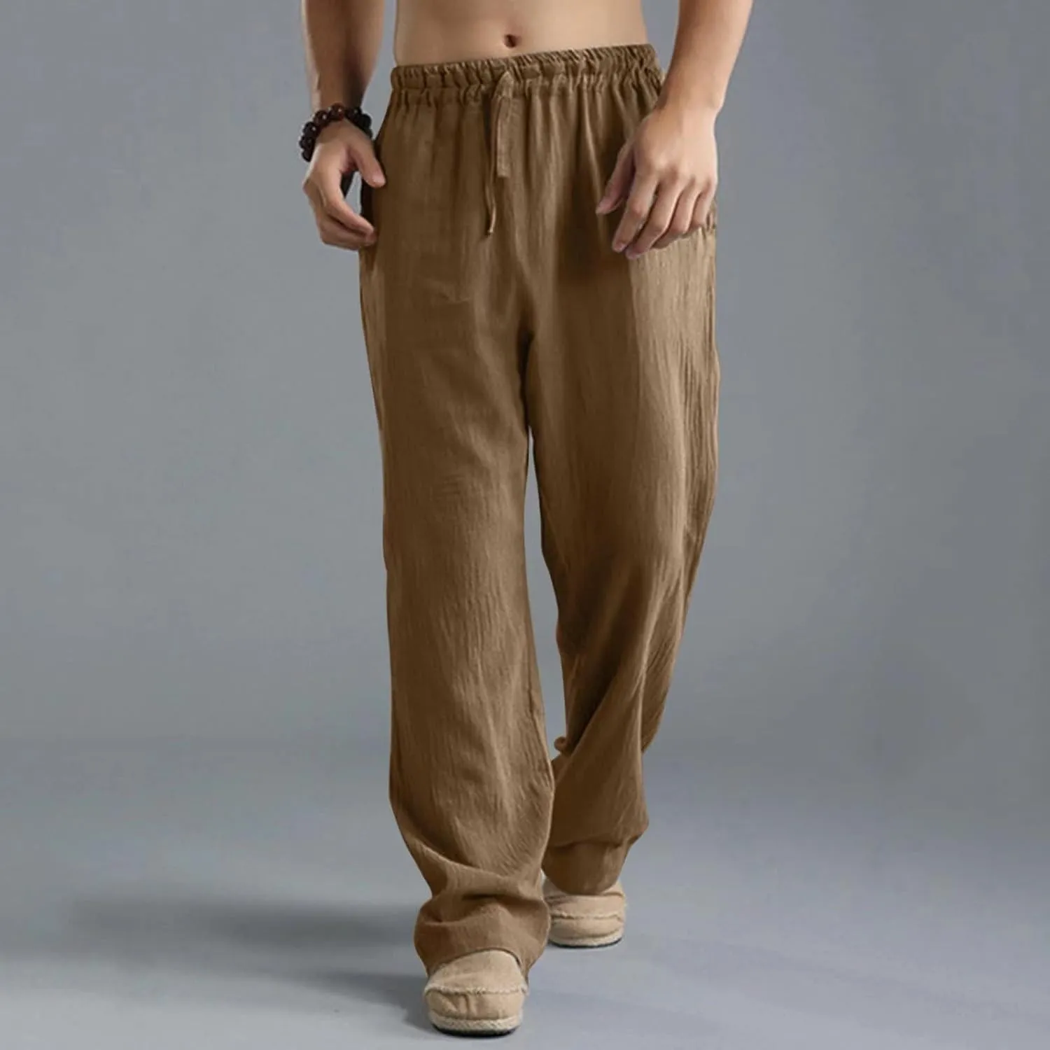 Mens Casual Linen Pants, Lightweight Loose Straight-Legs Trousers Leisure Elastic Waist Sports Beach Yoga Long Pants