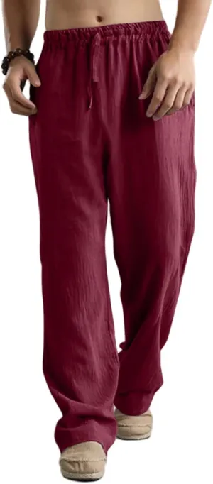 Mens Casual Linen Pants, Lightweight Loose Straight-Legs Trousers Leisure Elastic Waist Sports Beach Yoga Long Pants