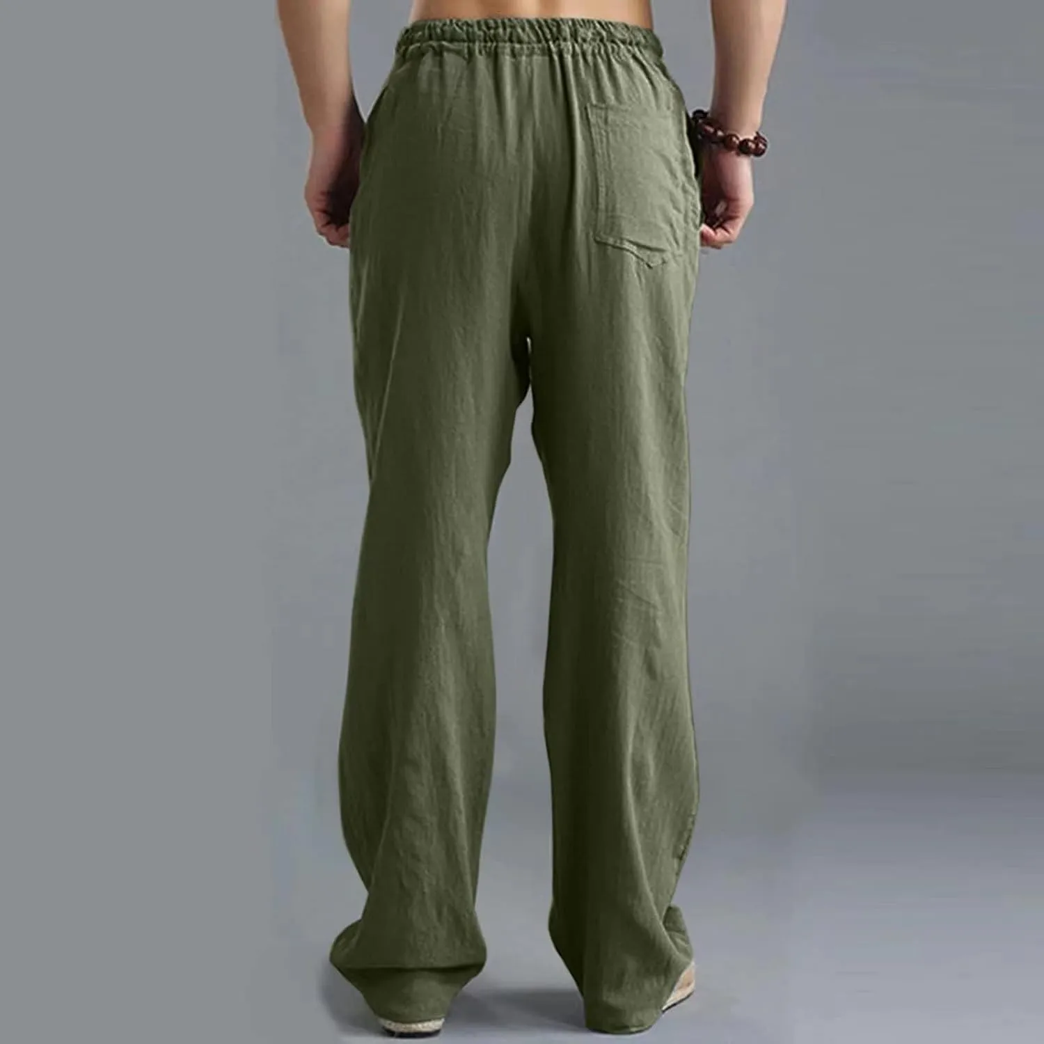 Mens Casual Linen Pants, Lightweight Loose Straight-Legs Trousers Leisure Elastic Waist Sports Beach Yoga Long Pants