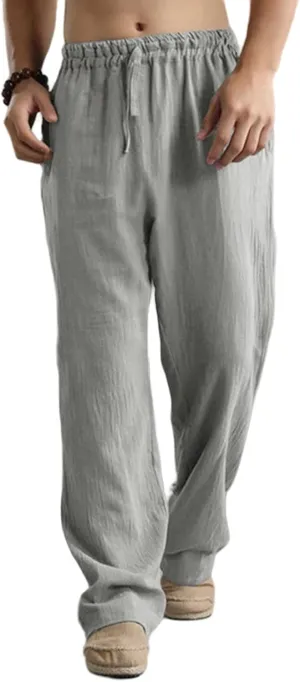 Mens Casual Linen Pants, Lightweight Loose Straight-Legs Trousers Leisure Elastic Waist Sports Beach Yoga Long Pants