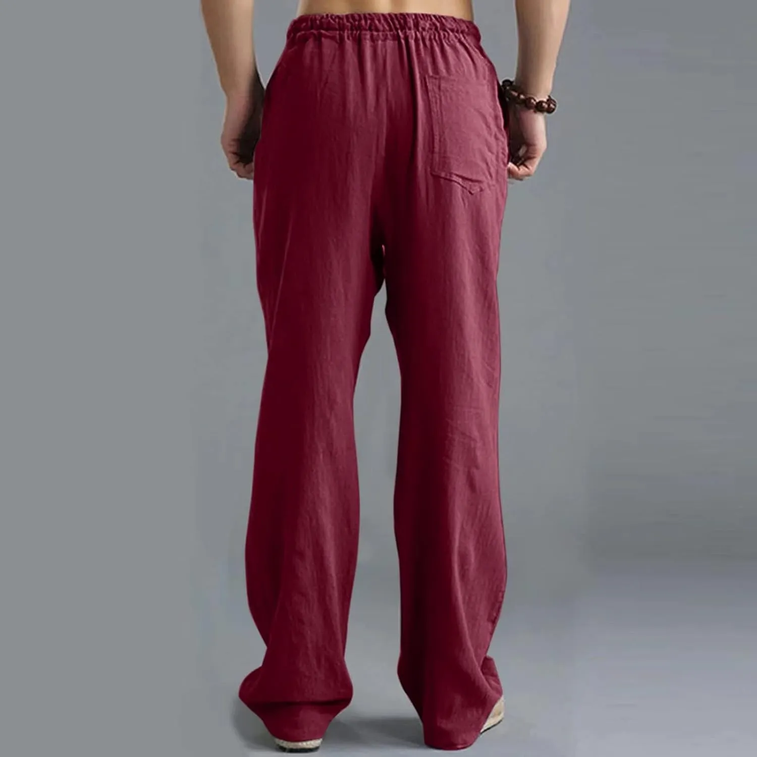 Mens Casual Linen Pants, Lightweight Loose Straight-Legs Trousers Leisure Elastic Waist Sports Beach Yoga Long Pants