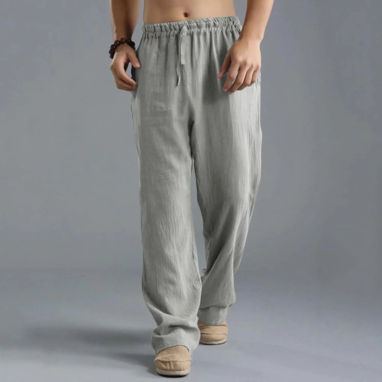 Mens Casual Linen Pants, Lightweight Loose Straight-Legs Trousers Leisure Elastic Waist Sports Beach Yoga Long Pants