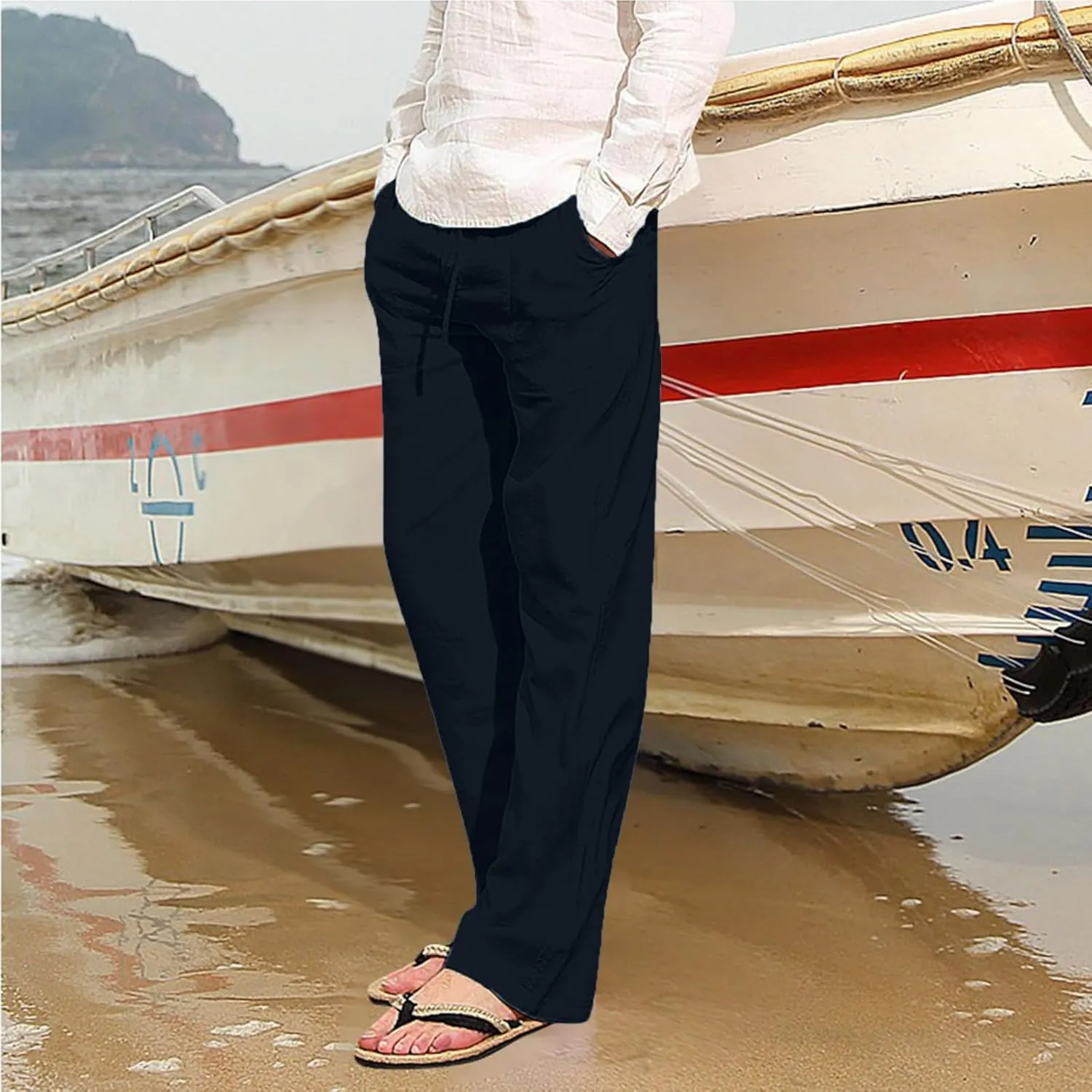 Mens Casual Linen Pants Straight-Leg Lightweight Joggers Loose Fit Pants Summer Hiking Hunting Beach Trousers