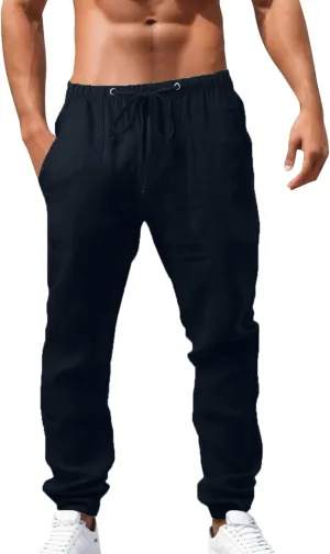 Mens Casual Linen Pants Straight-Leg Lightweight Joggers Loose Fit Pants Summer Hiking Hunting Beach Trousers