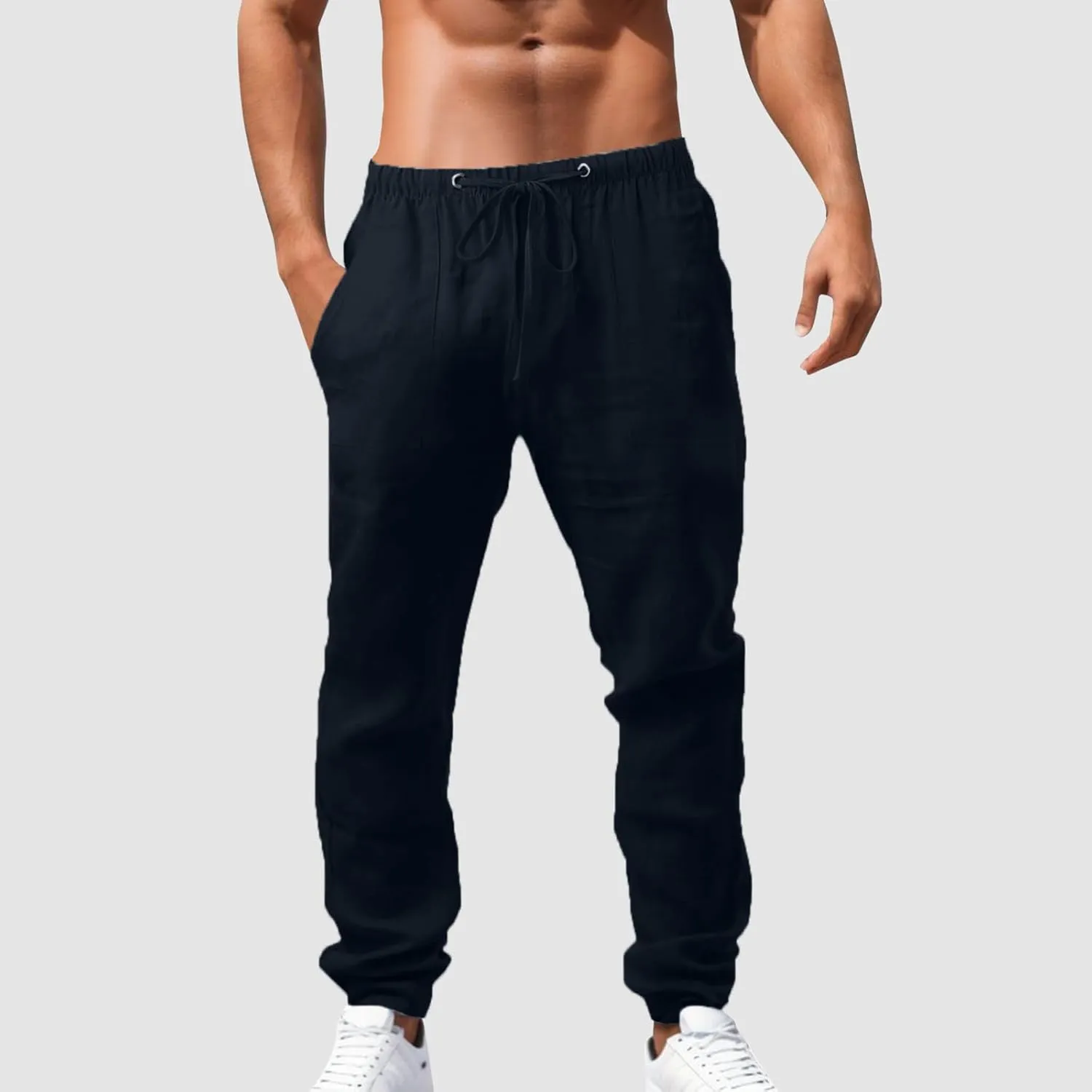 Mens Casual Linen Pants Straight-Leg Lightweight Joggers Loose Fit Pants Summer Hiking Hunting Beach Trousers