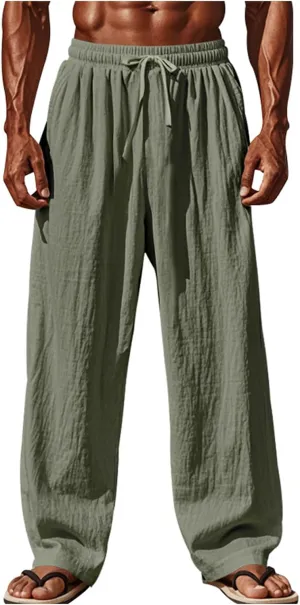 Men's Casual Linen Pants Wide Leg Drawstring Straight Elastic Waist Trousers Lightweight Jogger Work Yoga Pants