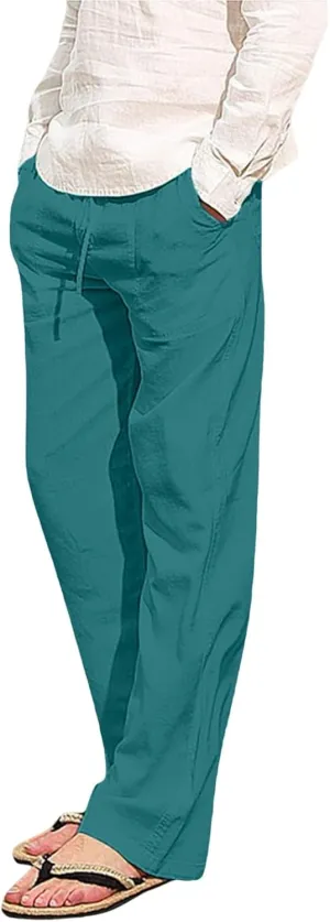 Mens Casual Linen Workout Pants Lightweight Comfy Joggers Regular Fit Beach Pant Hiking Hunting Work Trousers Chino Pant Stretch Mens Thermal Underwear Bottoms
