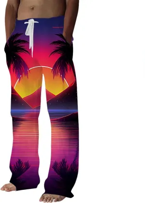 Mens Casual Pants Elastic Drawstring Waist Straight Legs Trousers Summer Hawaiian Yoga Beach Long Pants Skinny Chinos