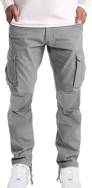 Men's Causal Cargo Pants Solid Color Multi Pockets Straight Leg Trousers Outdoor Wearing Pants with Pockets Overalls