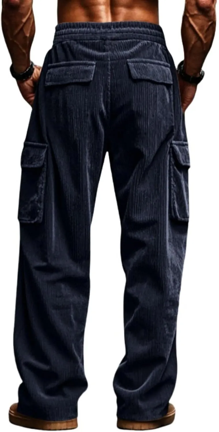 Mens Corduroy Cargo Pants Drawstring Elastic Waist Sweatpants Straight Fit Stretch Waist Athletic Gym Workout Pants