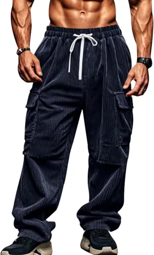Mens Corduroy Cargo Pants Drawstring Elastic Waist Sweatpants Straight Fit Stretch Waist Athletic Gym Workout Pants