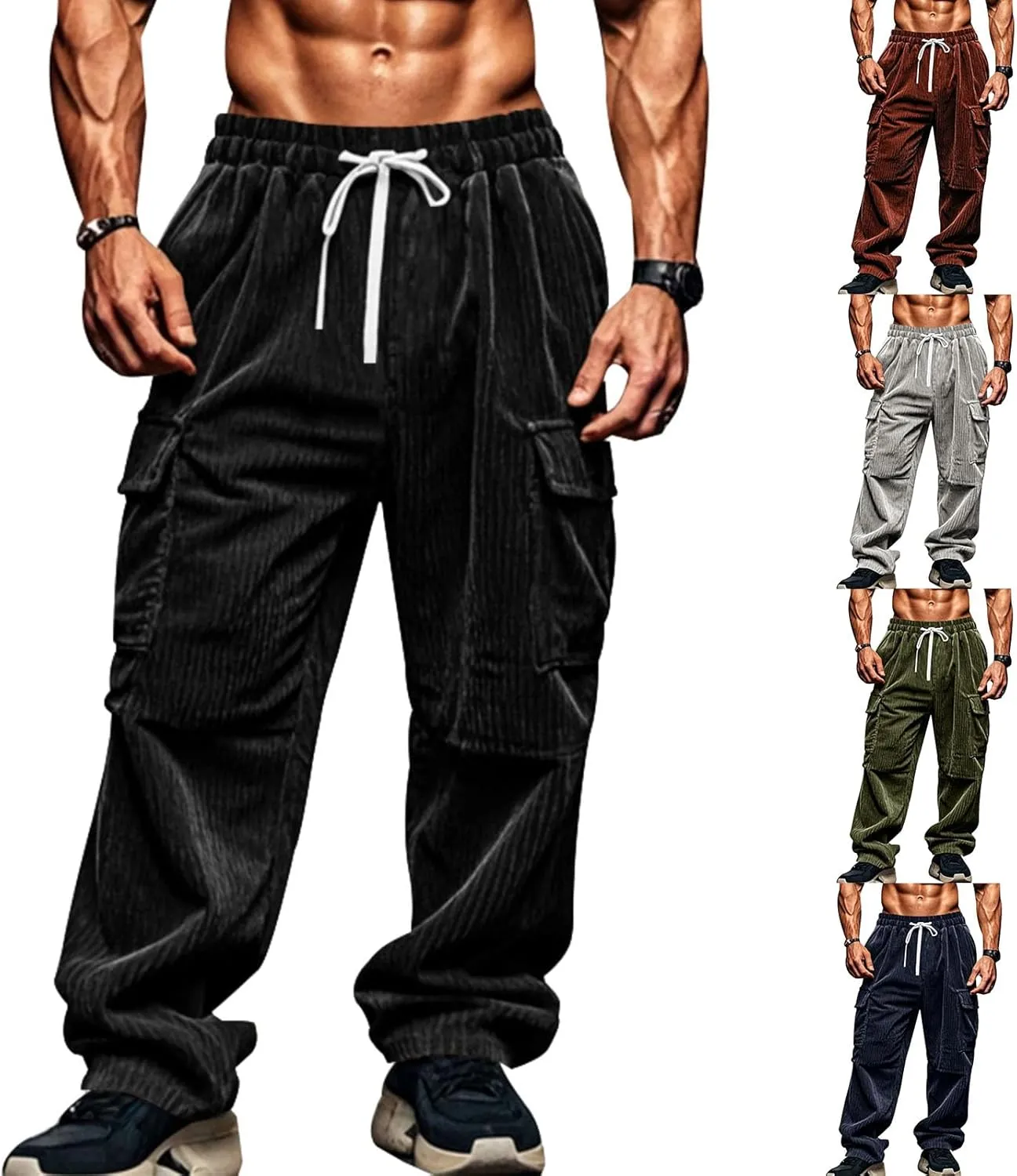 Mens Corduroy Cargo Pants Drawstring Elastic Waist Sweatpants Straight Fit Stretch Waist Athletic Gym Workout Pants