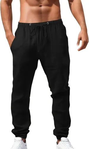 Men's Cotton Linen Casual Loose Fit Elastic Drawstring Waist Summer Beach Pants Joggers Sweatpants, Tactical Pants Men