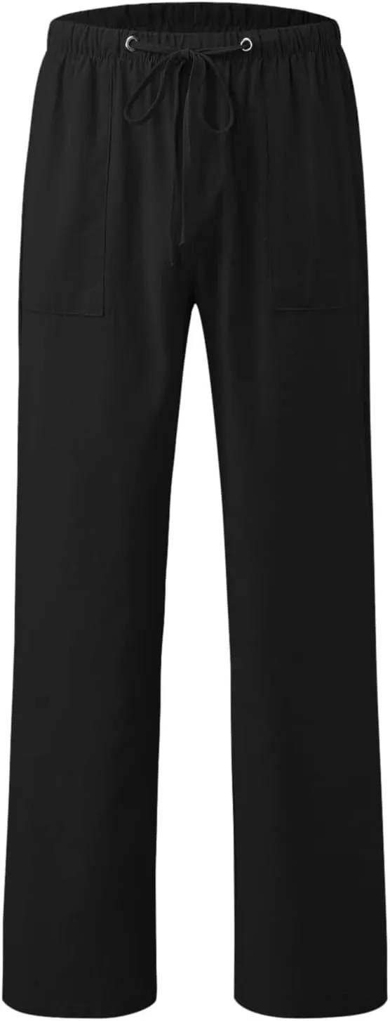 Men's Cotton Linen Casual Loose Fit Elastic Drawstring Waist Summer Beach Pants Joggers Sweatpants, Tactical Pants Men