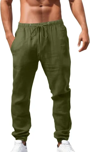 Men's Cotton Linen Casual Loose Fit Elastic Drawstring Waist Summer Beach Pants Joggers Sweatpants, Tactical Pants Men
