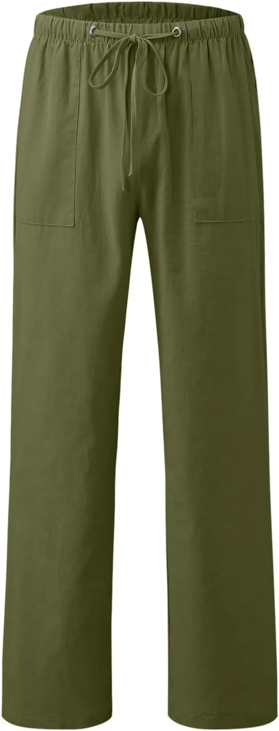 Men's Cotton Linen Casual Loose Fit Elastic Drawstring Waist Summer Beach Pants Joggers Sweatpants, Tactical Pants Men