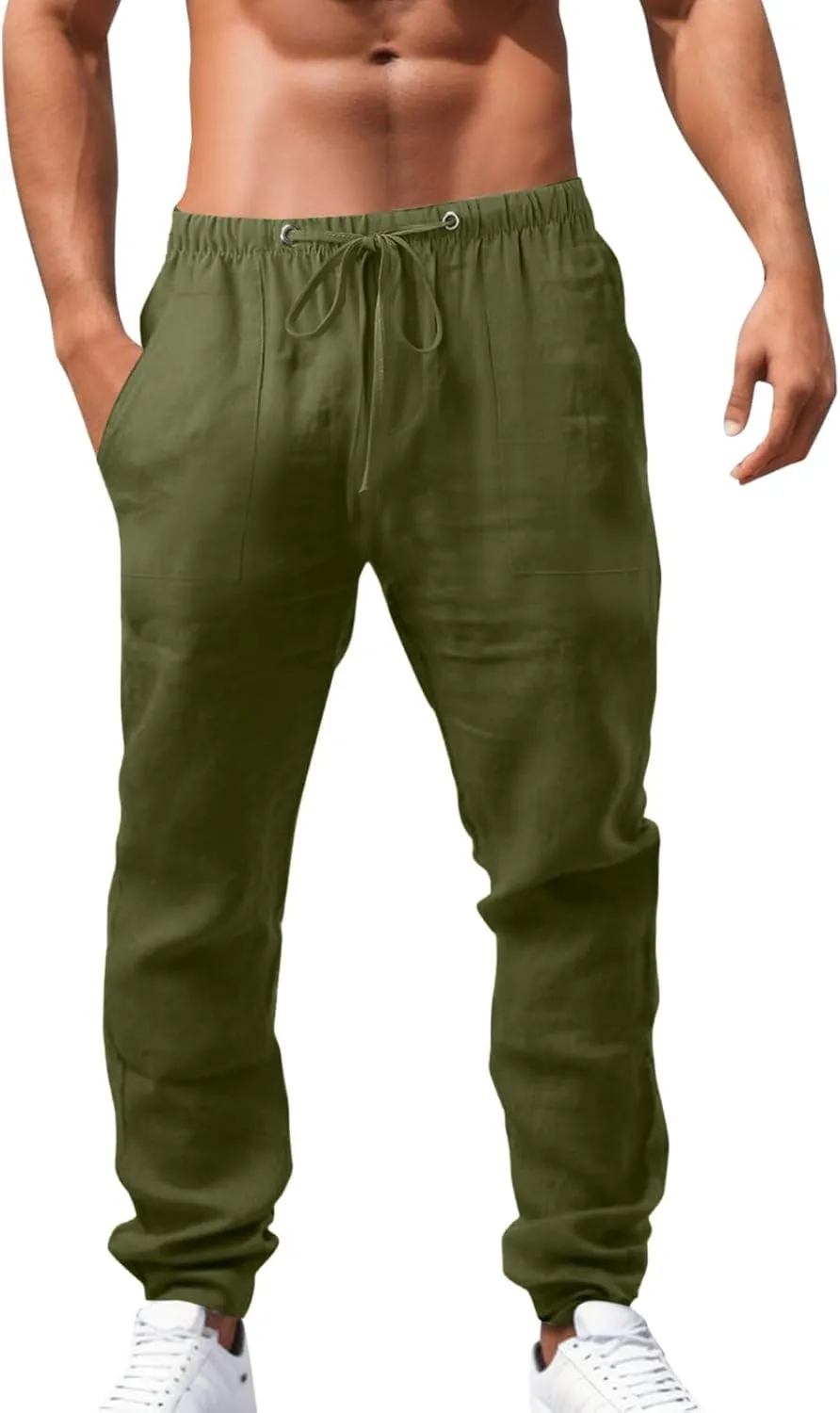 Men's Cotton Linen Casual Loose Fit Elastic Drawstring Waist Summer Beach Pants Joggers Sweatpants, Tactical Pants Men