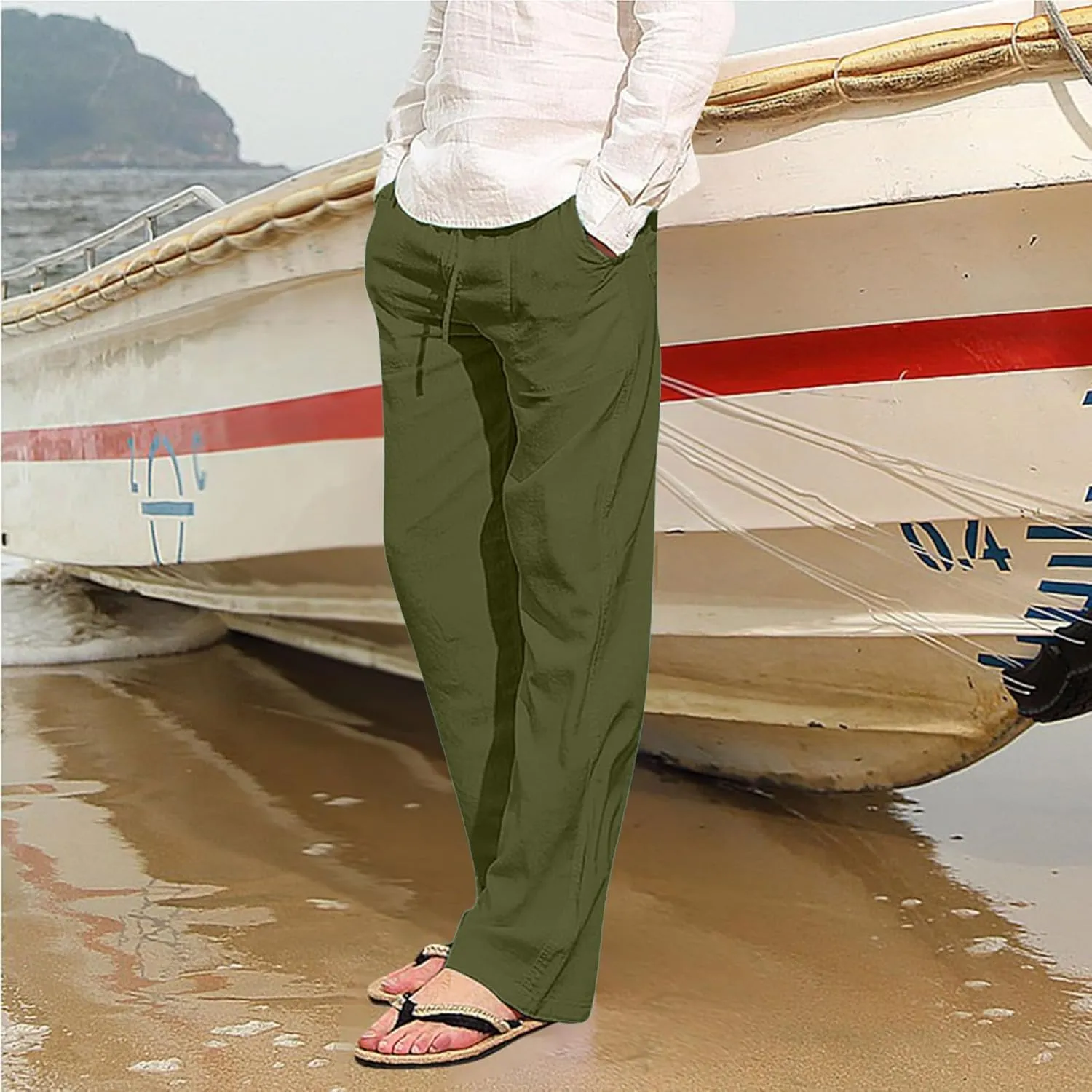 Men's Cotton Linen Casual Loose Fit Elastic Drawstring Waist Summer Beach Pants Joggers Sweatpants, Tactical Pants Men