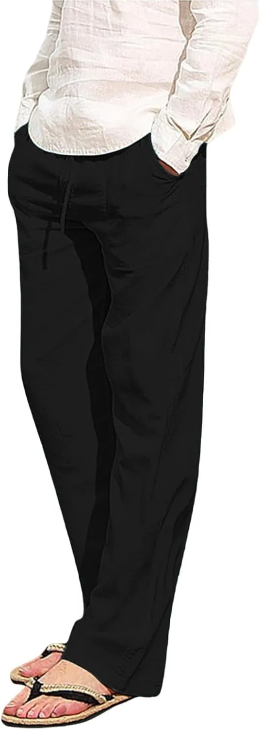 Men's Cotton Linen Casual Loose Fit Elastic Drawstring Waist Summer Beach Pants Joggers Sweatpants, Tactical Pants Men