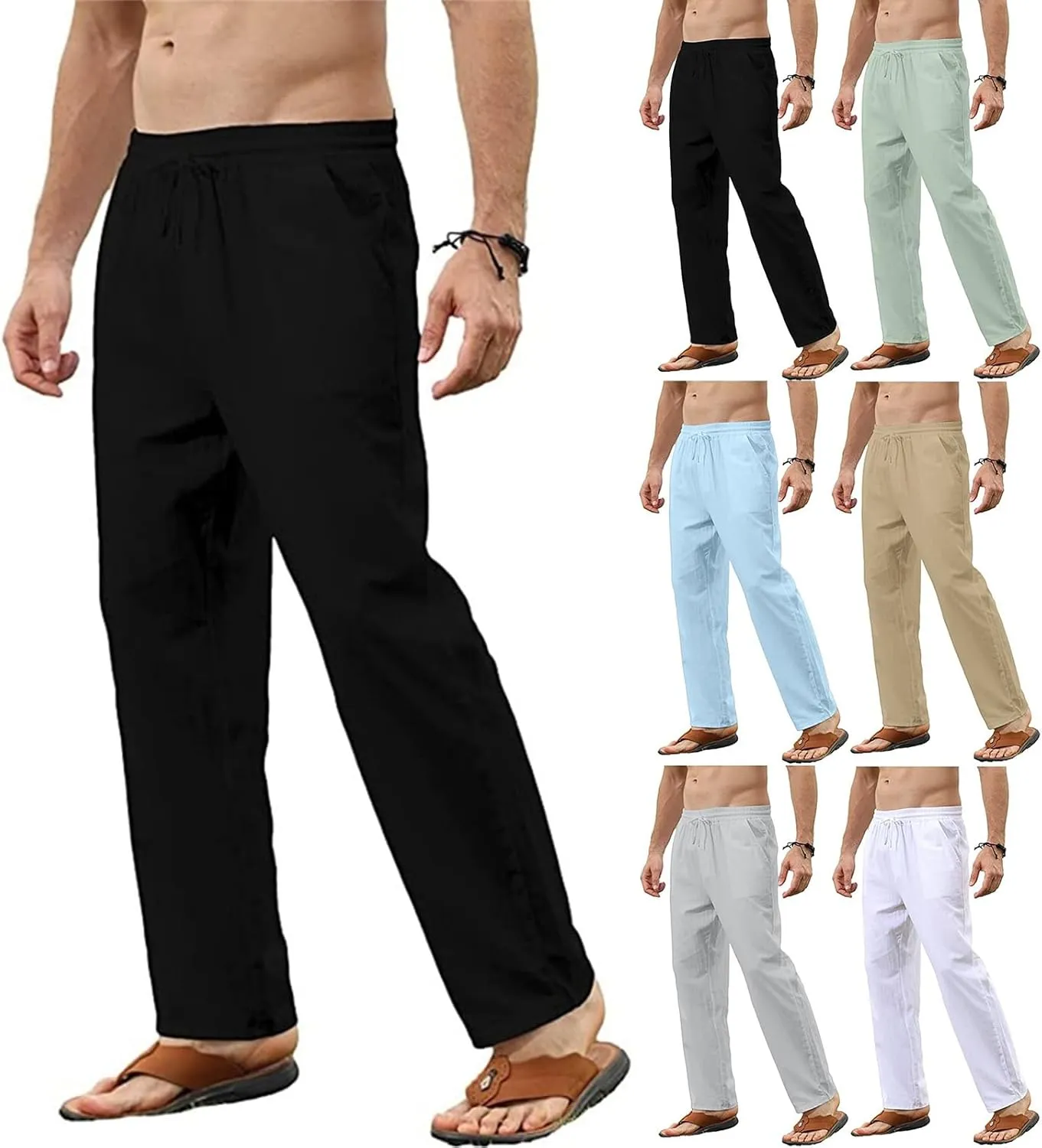 Mens Cotton Linen Pants Casual Slim Fit Solid Straight Joggers Trousers Fashion Lightweight Yoga Summer Beach Pants
