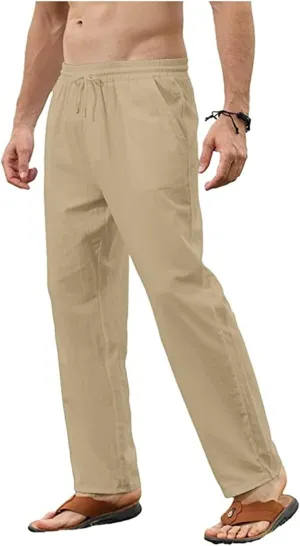 Mens Cotton Linen Pants Casual Slim Fit Solid Straight Joggers Trousers Fashion Lightweight Yoga Summer Beach Pants