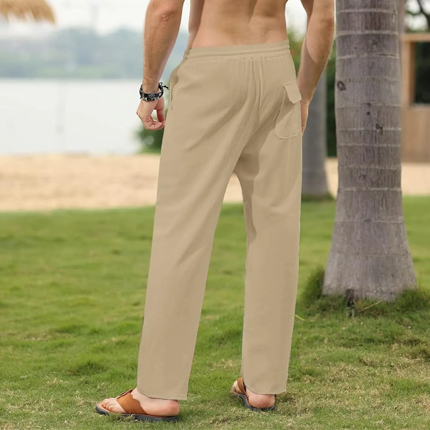Mens Cotton Linen Pants Casual Slim Fit Solid Straight Joggers Trousers Fashion Lightweight Yoga Summer Beach Pants