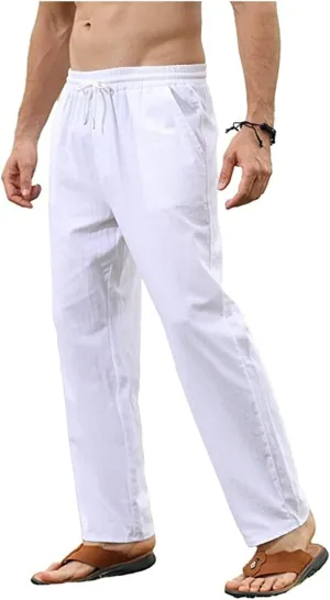 Mens Cotton Linen Pants Casual Slim Fit Solid Straight Joggers Trousers Fashion Lightweight Yoga Summer Beach Pants