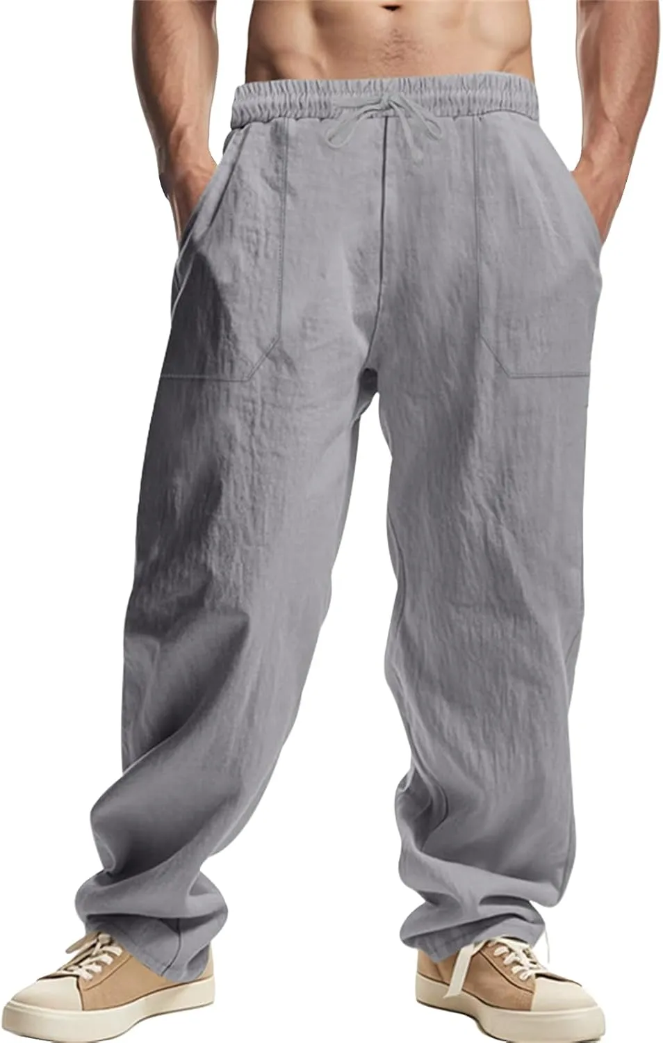Men's Cotton Linen Pants Elastic Drawstring Waist Summer Beach Pants Casual Loose Lightweight Pant Soft Baggy Trousers