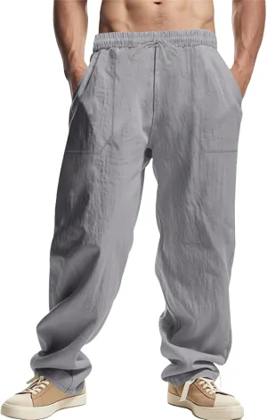 Men's Cotton Linen Pants Elastic Drawstring Waist Summer Beach Pants Casual Loose Lightweight Pant Soft Baggy Trousers