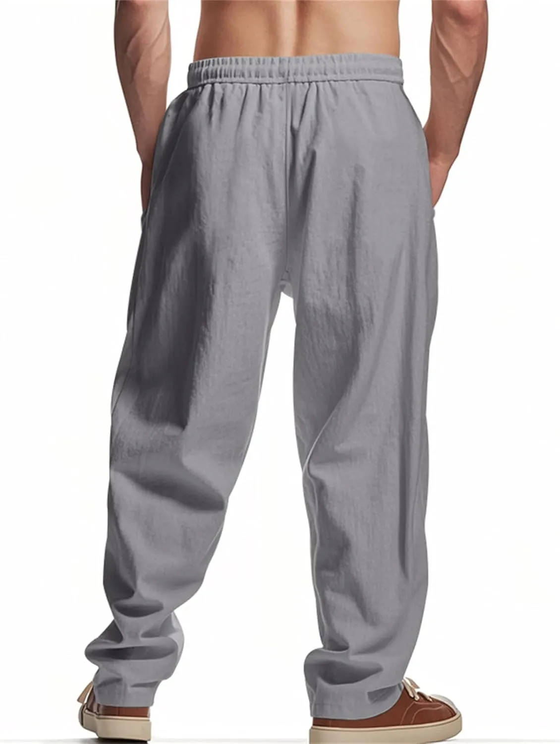 Men's Cotton Linen Pants Elastic Drawstring Waist Summer Beach Pants Casual Loose Lightweight Pant Soft Baggy Trousers