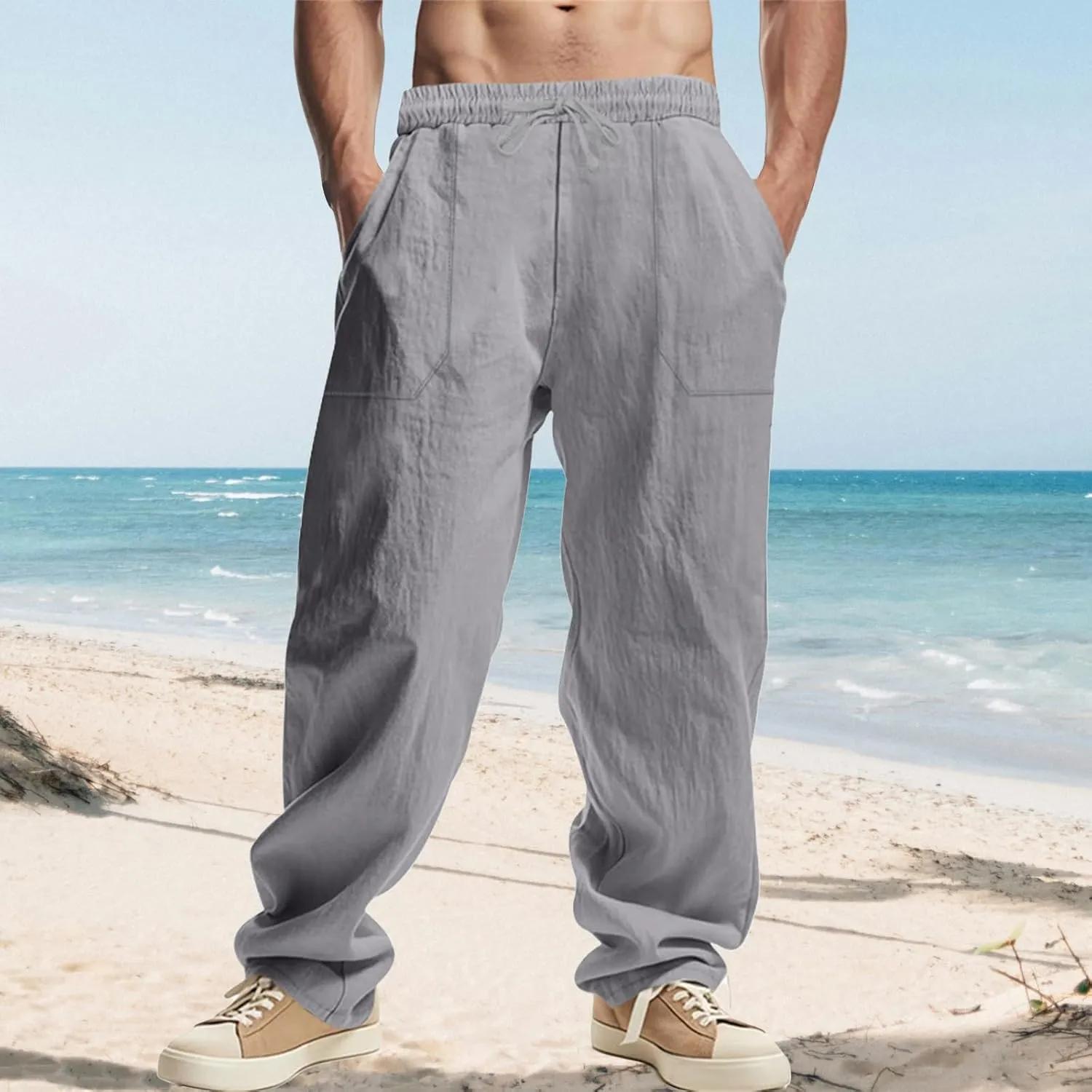 Men's Cotton Linen Pants Elastic Drawstring Waist Summer Beach Pants Casual Loose Lightweight Pant Soft Baggy Trousers