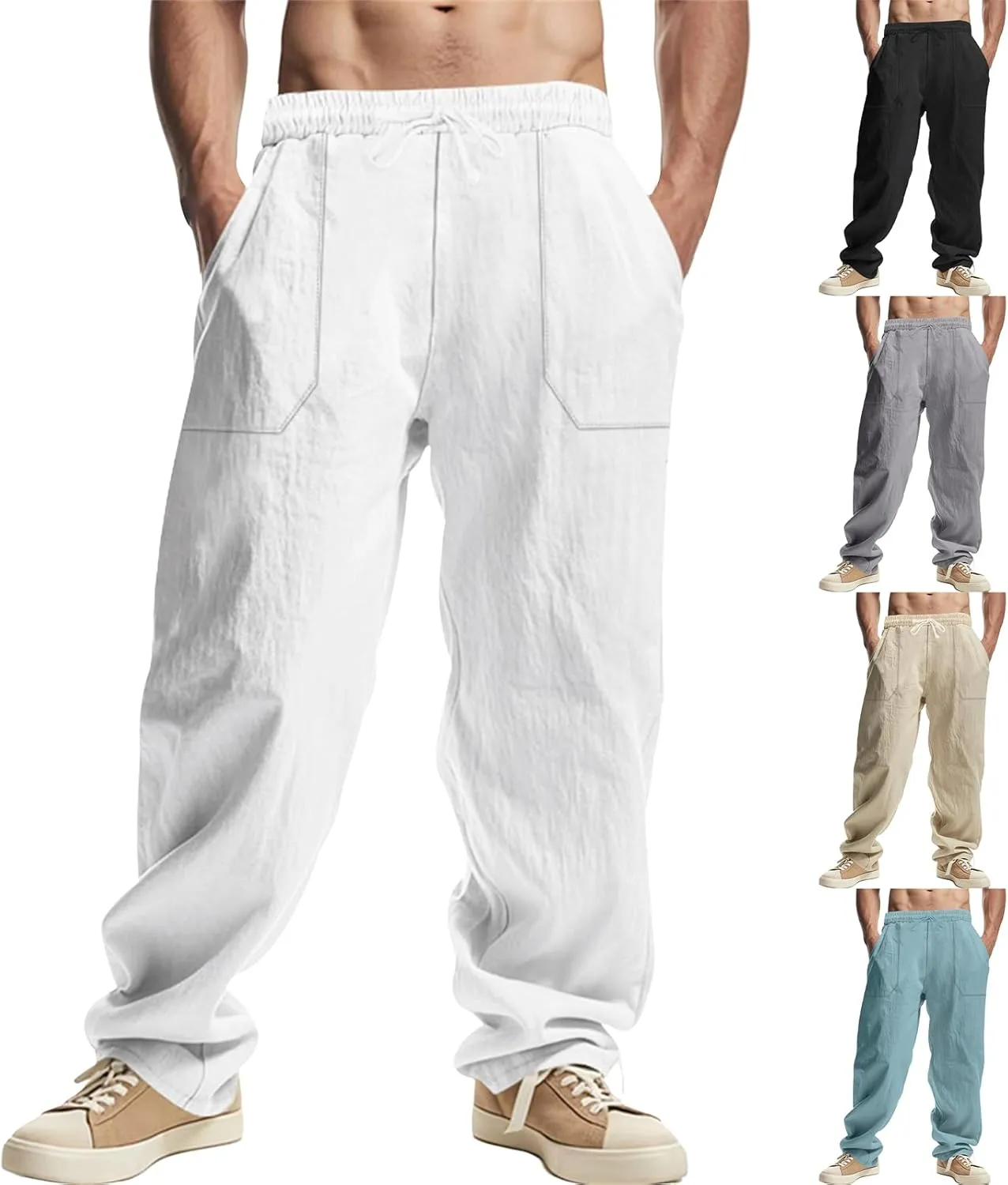 Men's Cotton Linen Pants Elastic Drawstring Waist Summer Beach Pants Casual Loose Lightweight Pant Soft Baggy Trousers