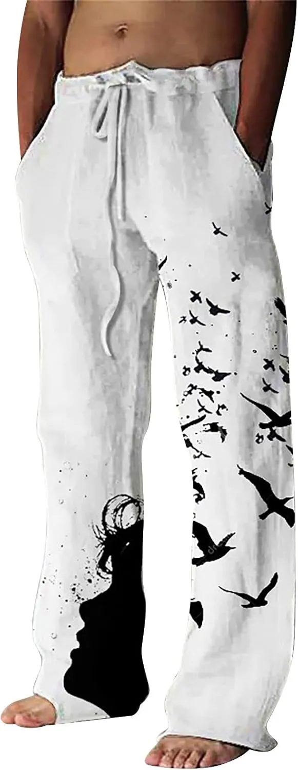 Mens Cotton Linen Pants Summer Lightweight Breathable Trouser Casual Straight Leg Pants with Multi Pockets Chino Pant Black