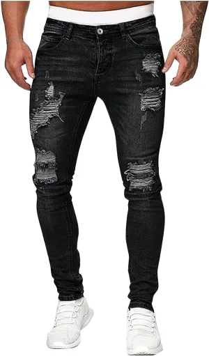 Men's Distressed Moto Biker Jeans Slim Fit Fashion Stretch Denim Pants Side Striped Ripped Skinny Jeans with Pockets