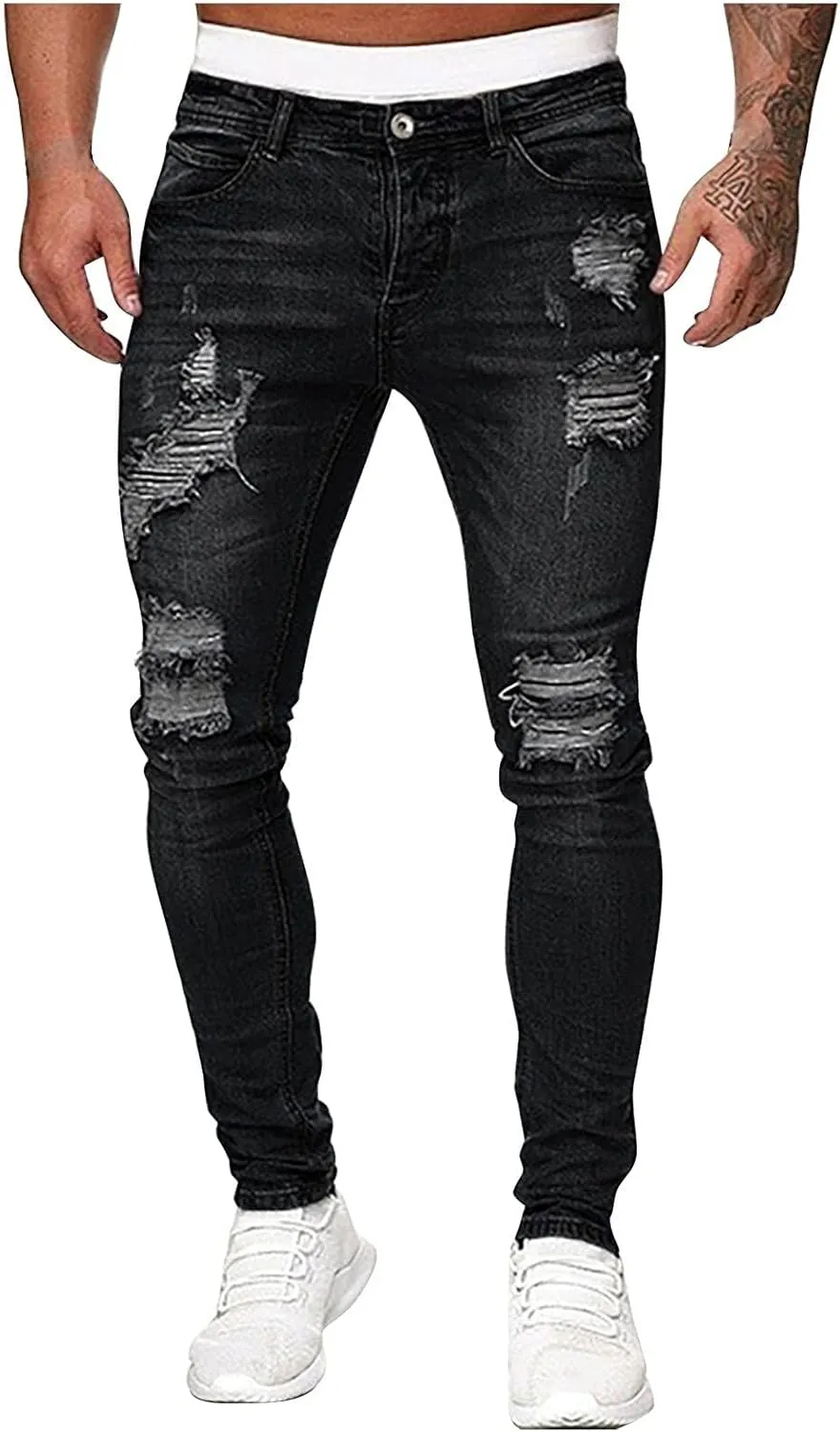 Men's Distressed Moto Biker Jeans Slim Fit Fashion Stretch Denim Pants Side Striped Ripped Skinny Jeans with Pockets