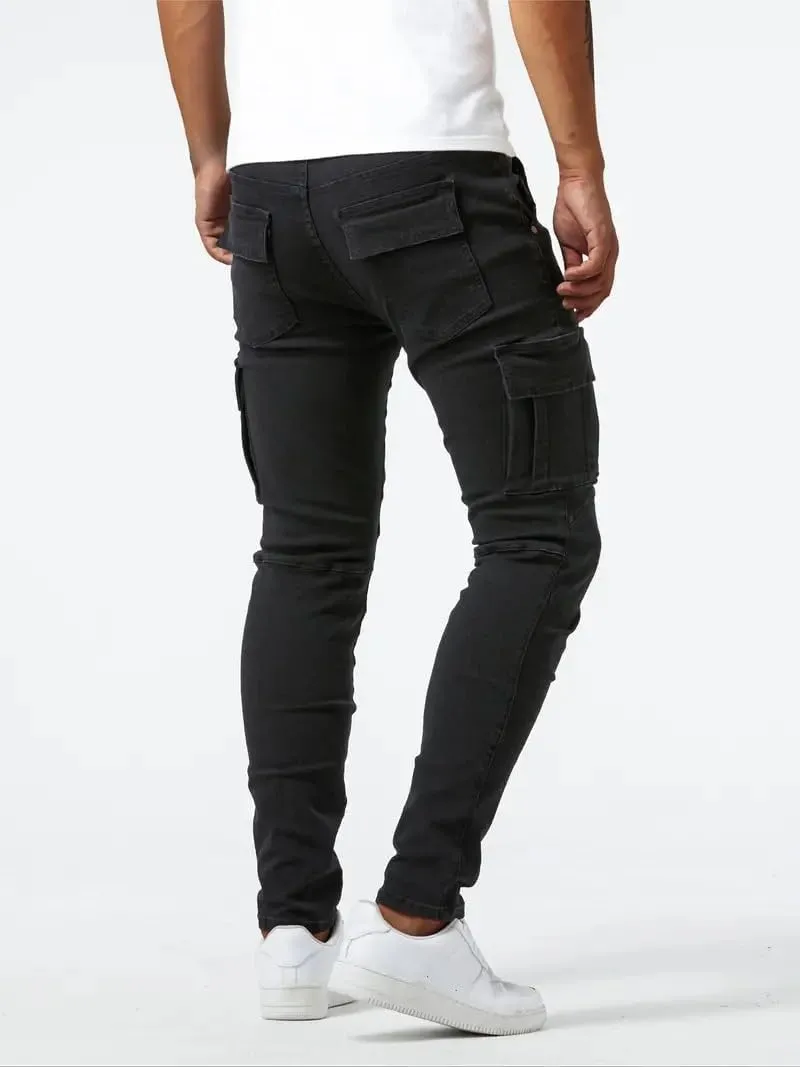 Mens Distressed Moto Biker Jeans Slim Fit Stretch Skinny Denim Pants Fashion Hip Hop Gothic Jeans with Multi Pockets