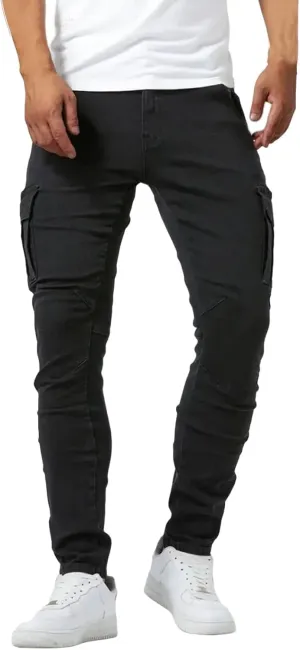 Mens Distressed Moto Biker Jeans Slim Fit Stretch Skinny Denim Pants Fashion Hip Hop Gothic Jeans with Multi Pockets