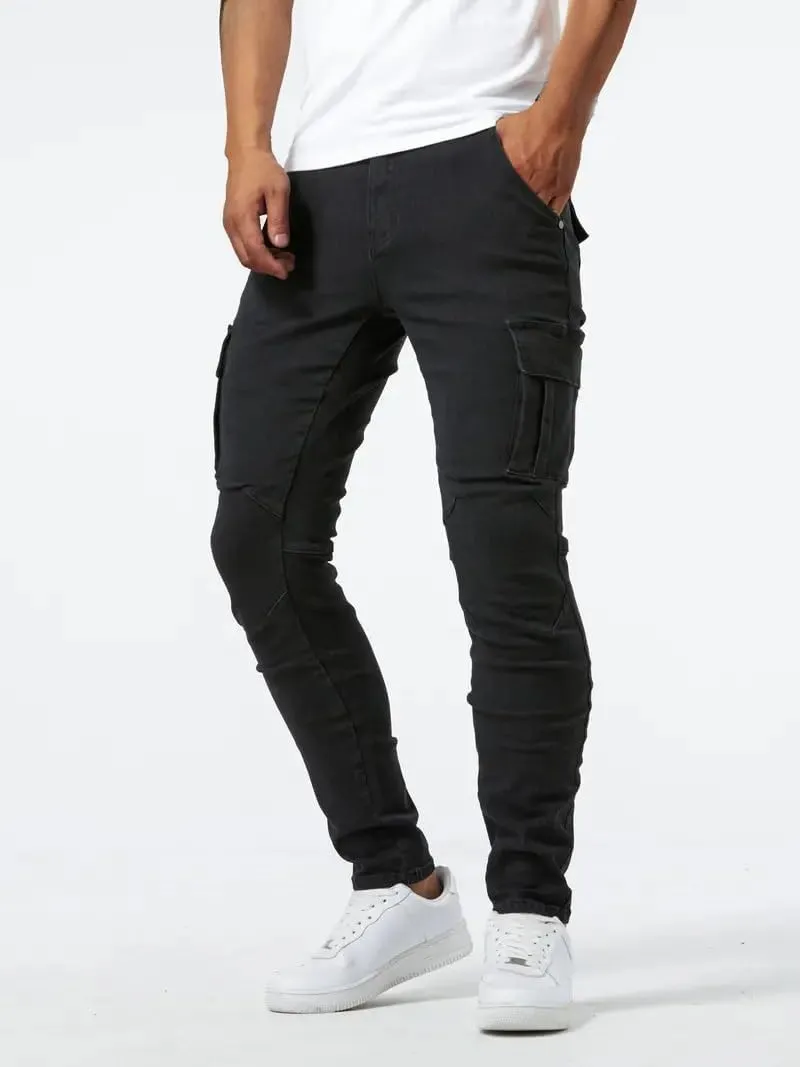 Mens Distressed Moto Biker Jeans Slim Fit Stretch Skinny Denim Pants Fashion Hip Hop Gothic Jeans with Multi Pockets