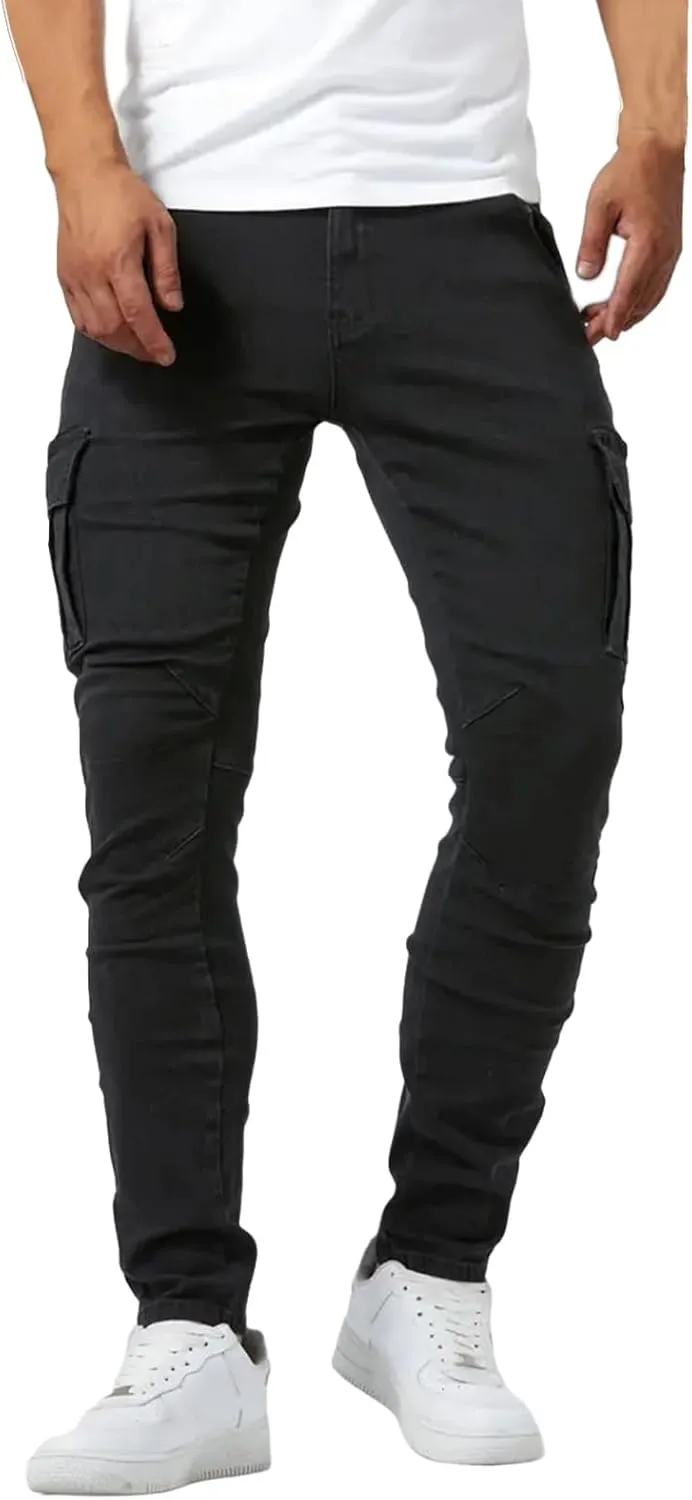 Mens Distressed Moto Biker Jeans Slim Fit Stretch Skinny Denim Pants Fashion Hip Hop Gothic Jeans with Multi Pockets