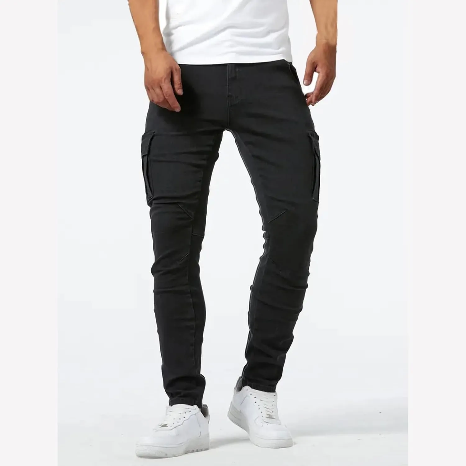 Mens Distressed Moto Biker Jeans Slim Fit Stretch Skinny Denim Pants Fashion Hip Hop Gothic Jeans with Multi Pockets