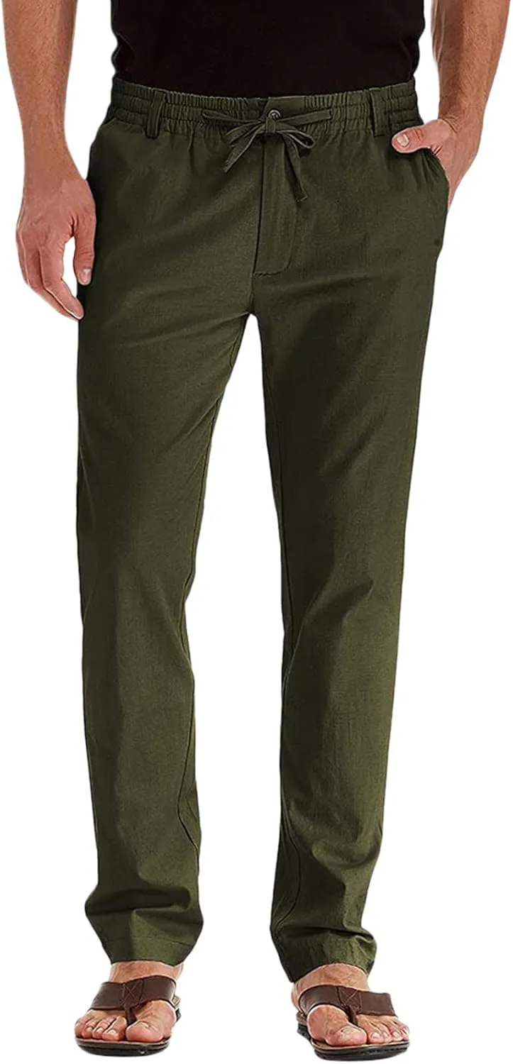 Men's Drawstring Linen Pants, Casual Summer Zipper Solid Color Beach Loose Workout Trousers, Oversized Sweatpants Mens