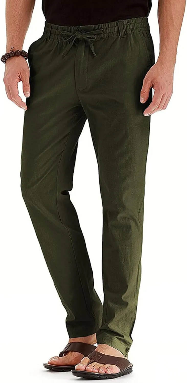 Men's Drawstring Linen Pants, Casual Summer Zipper Solid Color Beach Loose Workout Trousers, Oversized Sweatpants Mens