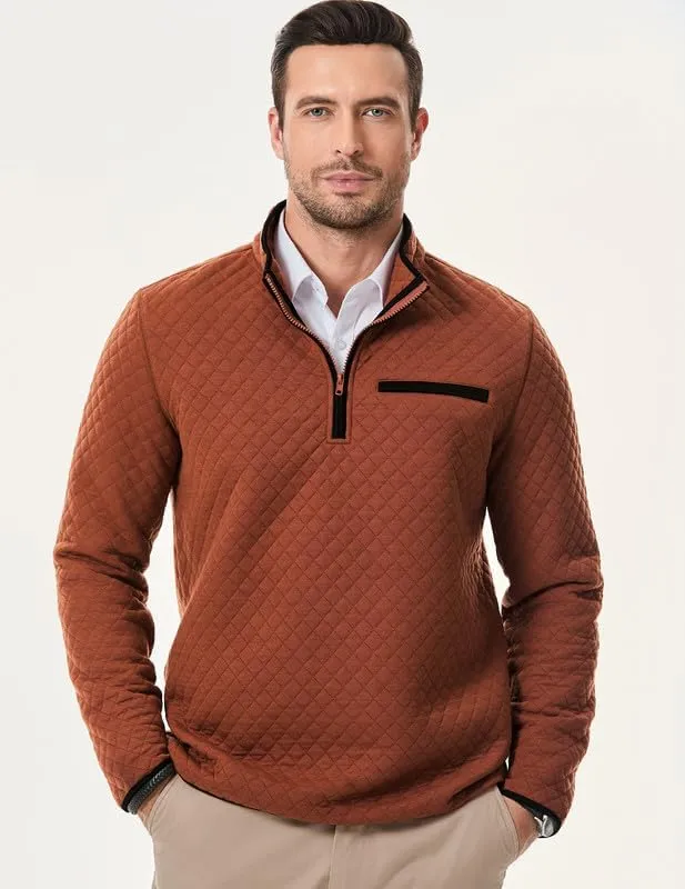Men's Fall Quarter Zip Long Sleeve Quilted Sweatshirts Mock Neck Color Block Casual Pullover Sweaters