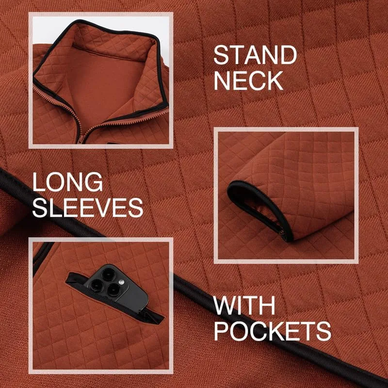 Men's Fall Quarter Zip Long Sleeve Quilted Sweatshirts Mock Neck Color Block Casual Pullover Sweaters