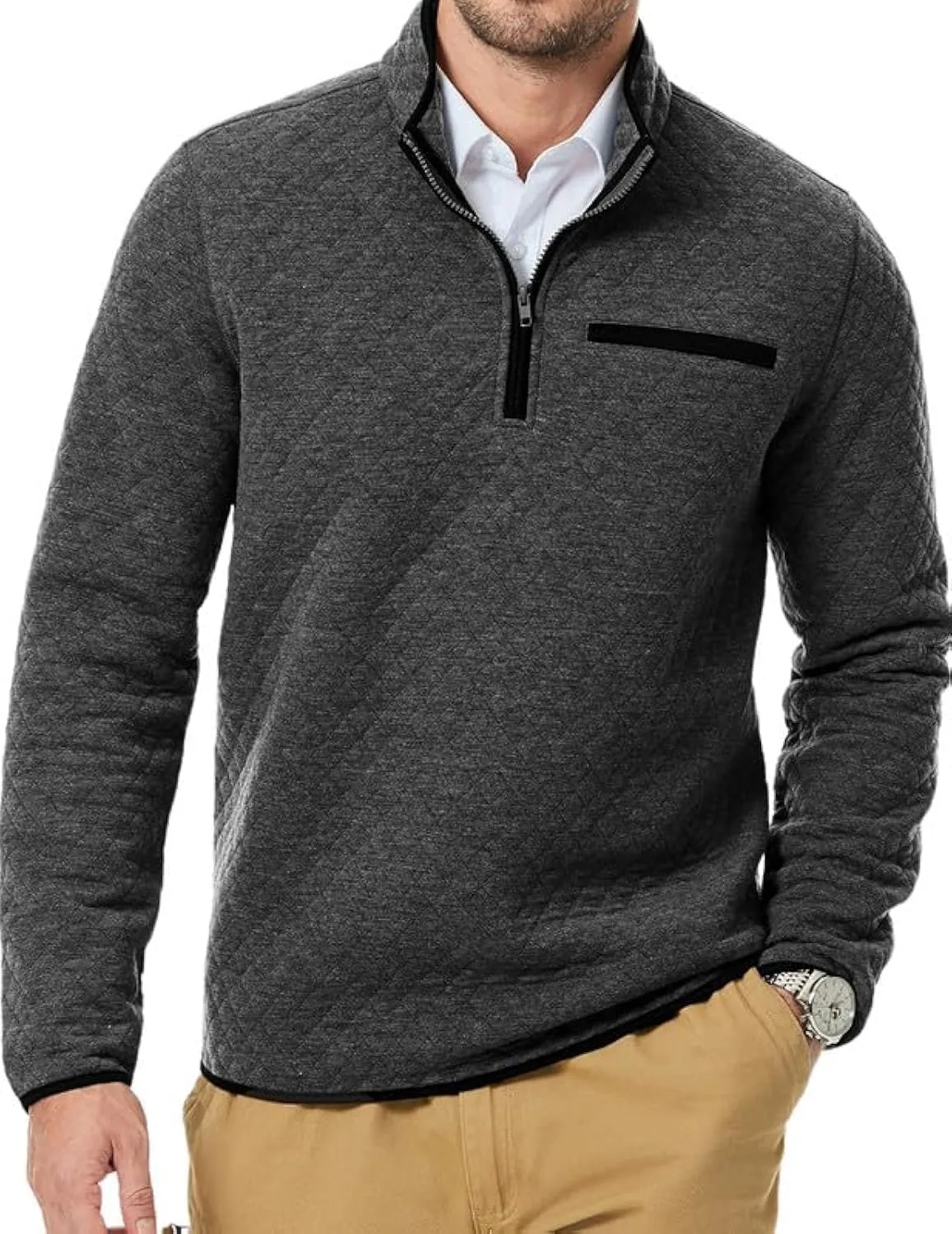 Men's Fall Quarter Zip Long Sleeve Quilted Sweatshirts Mock Neck Color Block Casual Pullover Sweaters