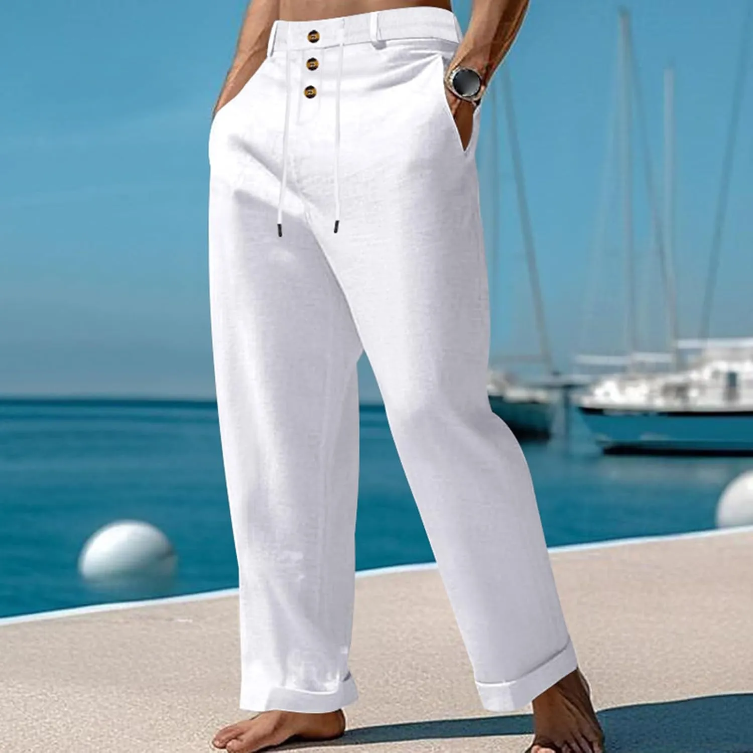 Mens Fashion Straight-Legs Trousers Casual Loose Fit Button Linen Pants Elastic Drawstring Waist Beach Long Pants